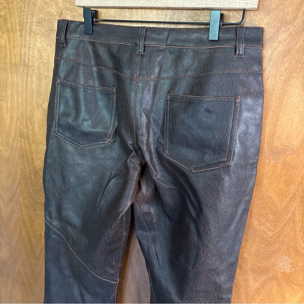 VINTAGE Chocolate Brown Patchwork Low Rise Faux Leather Flare Pants Y2K Goth 90s - Picture 6 of 16